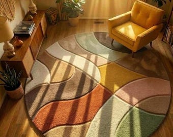 Alfombra redonda ondulada en tonos pastel - Alfombra circular de lana tejida a mano - Alfombra ondulada retro de estilo moderno de mediados de siglo - Alfombra abstracta en tonos tierra, alfombra de tamaño personalizado