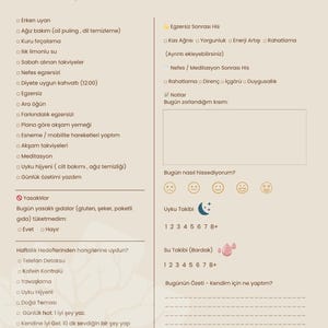 May include: A beige daily planner with Turkish text, titled "fivebox günlük akış şeması." It includes sections for daily routines, exercise, and mood tracking. The planner also has sections for weekly goals and notes.