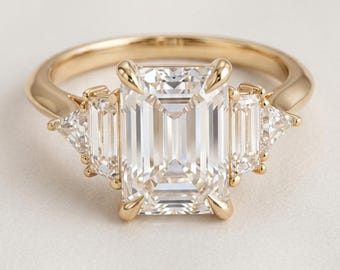 3CT Three Stone Emerald Cut Moissanite Engagement Ring With Solid Gold Baguette Moissanite Wedding Ring, Anniversary Promise Ring For Her