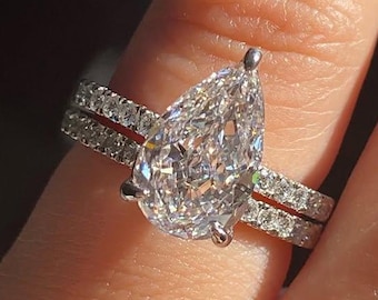 Pear Cut Moissanite Engagement Ring Set, Sterling Silver Wedding Band, Bridal Jewelry