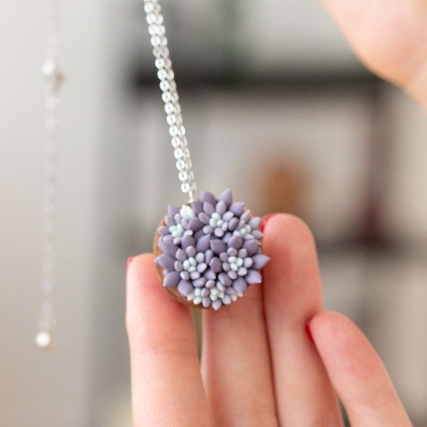 Handcrafted Succulent Nutshell Pendant Necklace: Purple