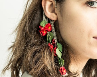 Red Pansies with Green Leafs Statement cuff earrings Dengle Drop Flowers Leaf earrings for wedding  Non pierced single earring Floral style