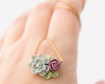 Succulent Pendant Necklace - Clay Cactus Plant Drop Charm Necklace Green Purple Succulent Jewelry Gift