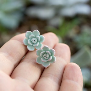 Blue Green Succulent Stud Earrings, Sculptural Botanical Design with Balance