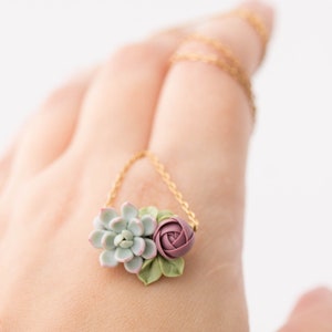 Succulent Pendant Necklace - Clay Cactus Plant Drop Charm Necklace Green Purple Succulent Jewelry Gift