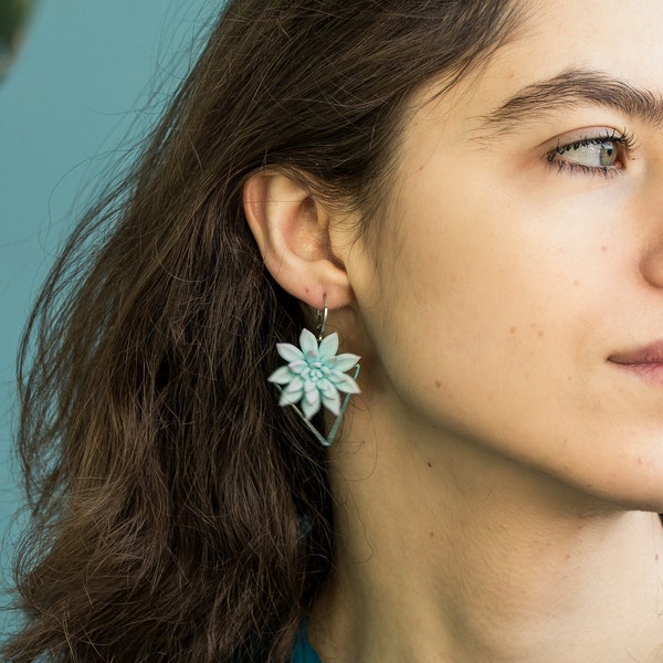 Blue succulents earrings, Echeveria Succulent earrings, Unique Statement Earrings, flower dangle earrings