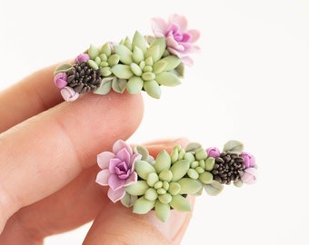 Succulent Echeveria Cuff earrings Green Pink Succulents dangle earrings, unique floral jewelry, design from EtenIren