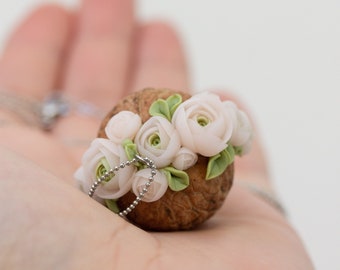 Flowers in a Nutshell, Floral necklace with pink Roses, unique gift