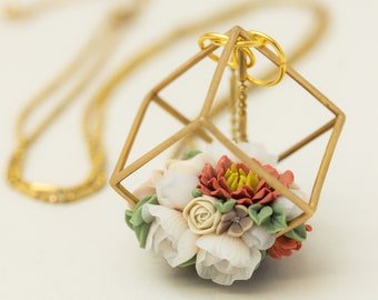 Flowers Bouquet Terrarium Pendant Necklace - Orange Gold Beige Floral Jewelry Gift