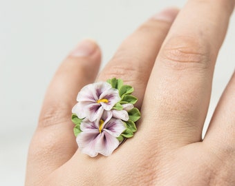 Pink Pansy Flower Ring, Romantic Jewelry, Adjustable Ring