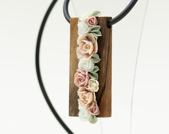 Handmade Floral Bouquet Necklace with Walnut Wood Base