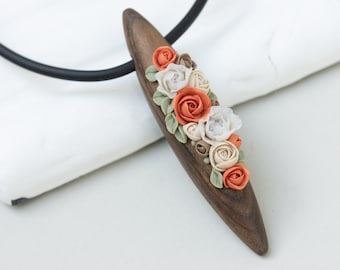 Bouquet necklace, Flowers in wood pendant. Orange, brown, beige and milk.