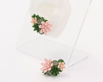 Pink Green Succulent Echeveria Cuff earrings, unique floral jewelry, design from EtenIren