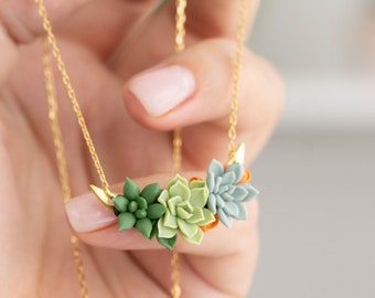 Succulent Pendant Necklace - Green Clay Cactus Plant Drop Charm Necklace Green Succulent Jewelry Gift