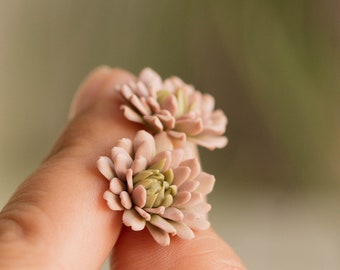 Pale Pink Dahlia Earrings, Green Pink Flower Earrings, Dahlia Post Earrings, Chrysanthemum Stud, Dahlia Blossoms, Botanical Jewelry