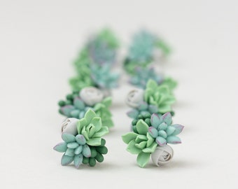 Handmade Succulent and Floral Bouquet Earrings - Blue Green