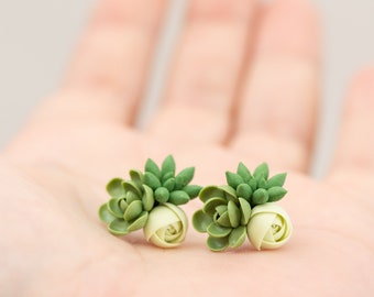 Handmade Succulent and Floral Bouquet Earrings - Green