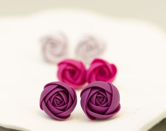 Earrings set of 3 Ranunculus Rose Stud Earrings, Minimalist flowers jewelry, Purple, Pink, White