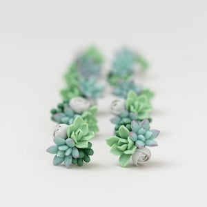 Handmade Succulent and Floral Bouquet Earrings - Blue Green