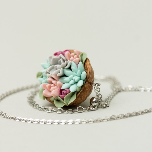 Handcrafted Succulent Nutshell Pendant Necklace: Pink and Blue