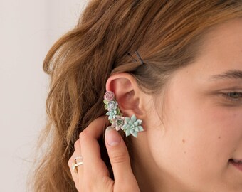 Succulent Echeveria Cuff earrings Grey Blue Purple Succulents dangle earrings, unique floral jewelry, design from EtenIren