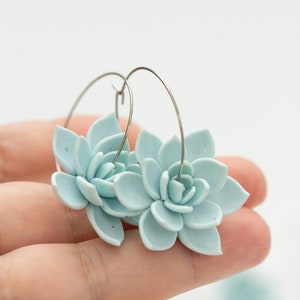 Ready to ship Blue Succulent Flower hoop earrings from polymer clay, 100% handmade zdjęcie 10