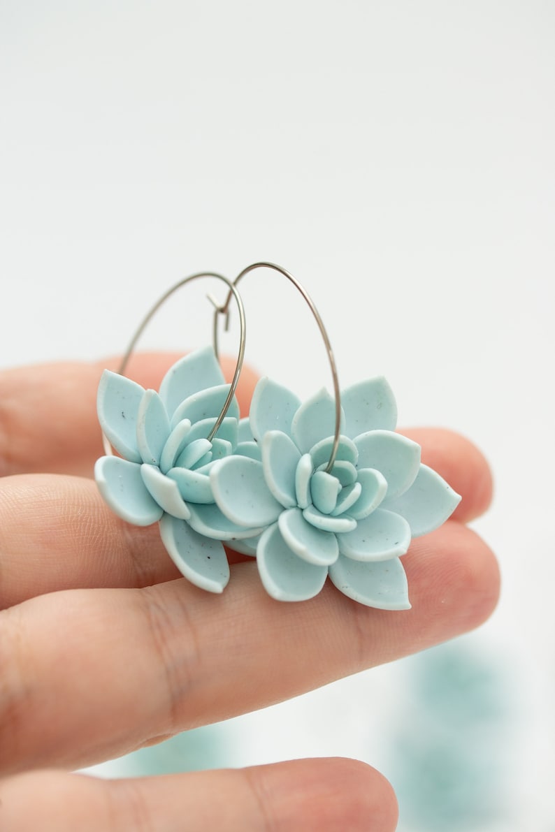 Ready to ship Blue Succulent Flower hoop earrings from polymer clay, 100% handmade zdjęcie 10