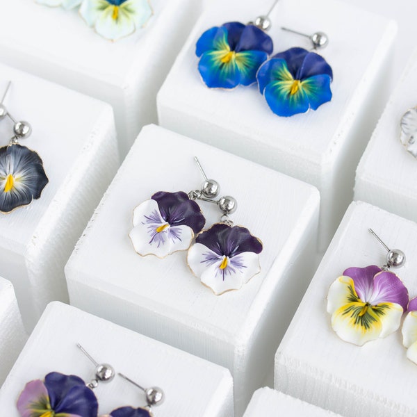 Blue Pansy Earrings - Flower Jewelry, Clay Earrings, Flower Stud Drop Earrings, Bridal Earrings, Hypoallergenic Studs