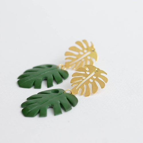 Monstera Leaf Earrings Green Clay Sculpted Long Dangle Drop | Etsy