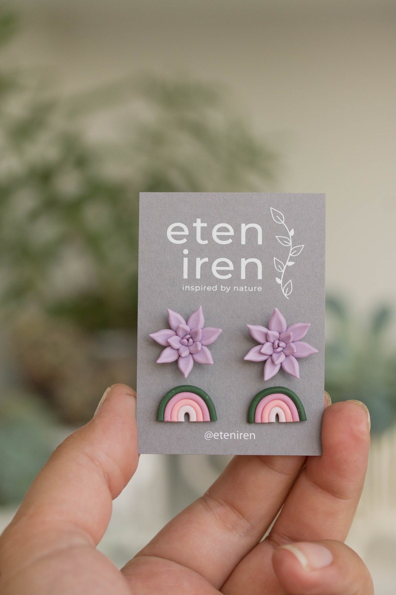 Succulent Stud Earrings Two Pair Set Pink Purple Succulent Plant Modern rainbow earrings Multicolor Hypoallergenic Earrings Studs