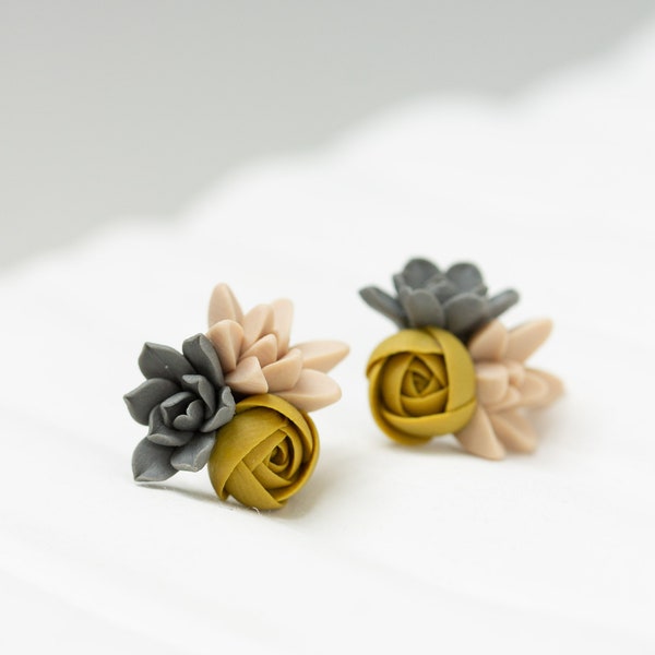 Yellow-Gray Succulent Stud Earrings – Hypoallergenic Plant Jewelry