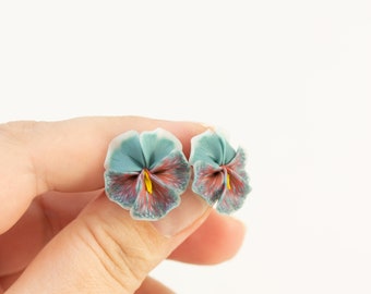 Grey Red Pansy Earrings Stud earrings - Flower Stud Earrings Jewelry, Hypoallergenic Studs