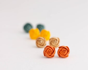 Orange Gold Yellow  Turquoise Ranunculus rose Stud Earrings, Minimalistic flowers jewelry