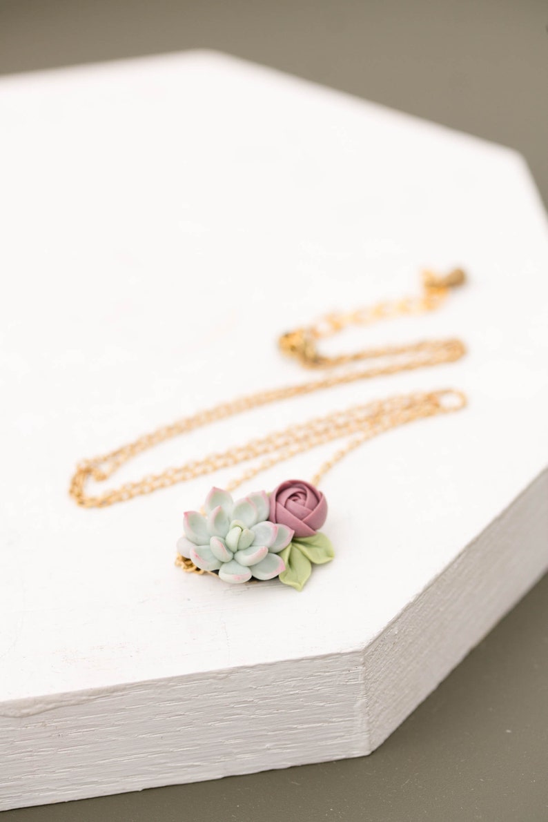 Succulent Pendant Necklace Clay Cactus Plant Drop Charm Necklace Green Purple Succulent Jewelry Gift image 5