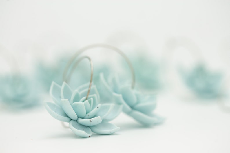 Ready to ship Blue Succulent Flower hoop earrings from polymer clay, 100% handmade image 9