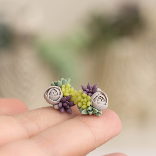 Succulent Stud Earrings, Botanical Flower Studs, Small Handmade Everyday Jewelry