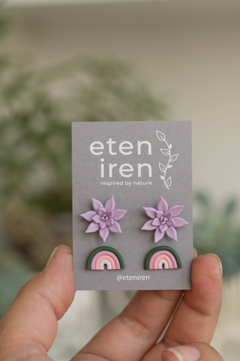 Succulent Stud Earrings Two Pair Set Pink Purple Succulent Plant Modern rainbow earrings Multicolor Hypoallergenic Earrings Studs