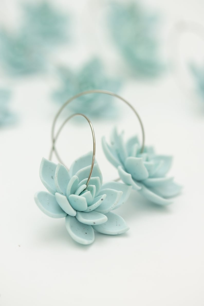 Ready to ship Blue Succulent Flower hoop earrings from polymer clay, 100% handmade zdjęcie 8