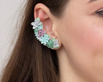 Succulent Echeveria Cuff earrings Green Blue Purple Succulents dangle earrings, unique floral jewelry, design from EtenIren