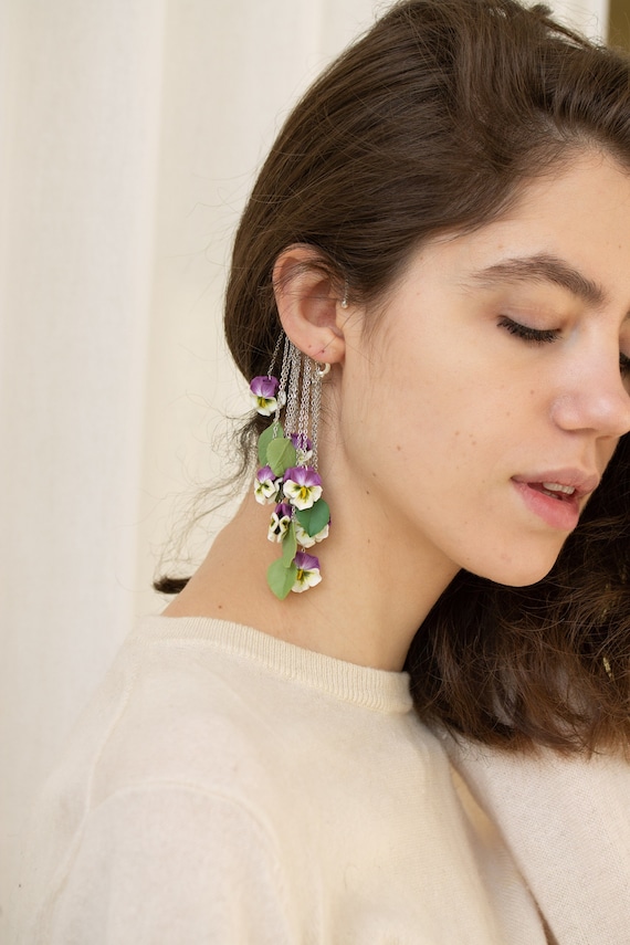 Pansy Flower Ear Cuff, Floral Statement Jewelry, Wedding Botanical Earrings