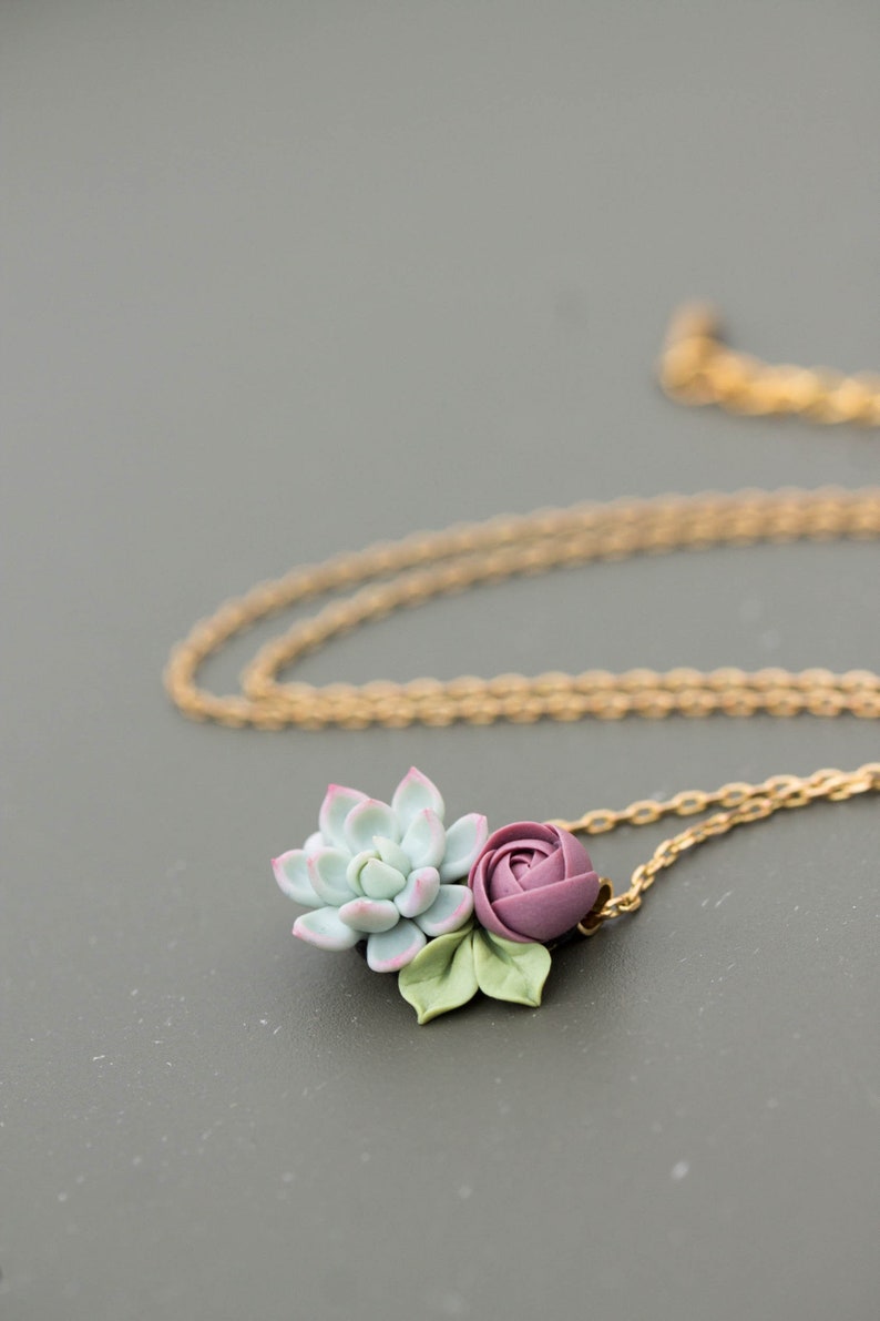 Succulent Pendant Necklace Clay Cactus Plant Drop Charm Necklace Green Purple Succulent Jewelry Gift image 4