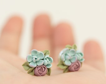 Clip On Earring - Handmade Succulent and Floral Bouquet Earrings - nonpierced earrings