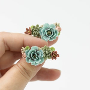 Flowers Boquet Cuff earrings Blue Green Beige floral stud earrings, unique floral jewelry, design from EtenIren