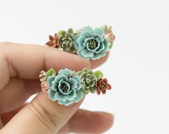 Flowers Boquet Cuff earrings Blue Green Beige floral stud earrings, unique floral jewelry, design from EtenIren