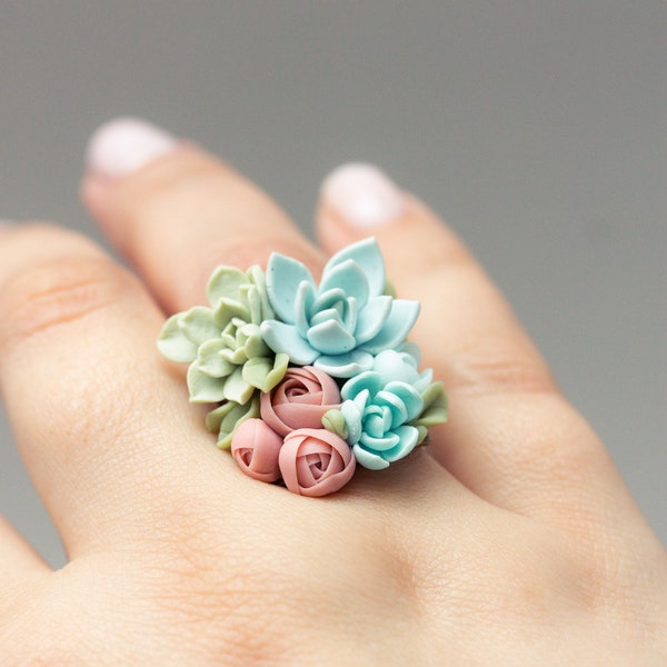 Green and Blue Succulent ring, Statement ring, Clay succulent ring, succulent lover gift