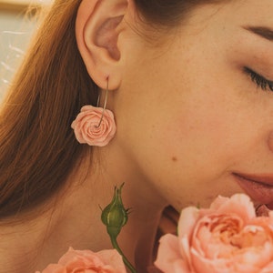 Pink Rose Earrings on hoops, Pink Rose Jewelry, Pink Flower Earrings, Romantic Jewelry