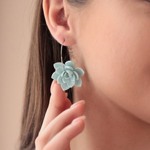 Ready to ship Blue Succulent Flower hoop earrings from polymer clay, 100% handmade image 1