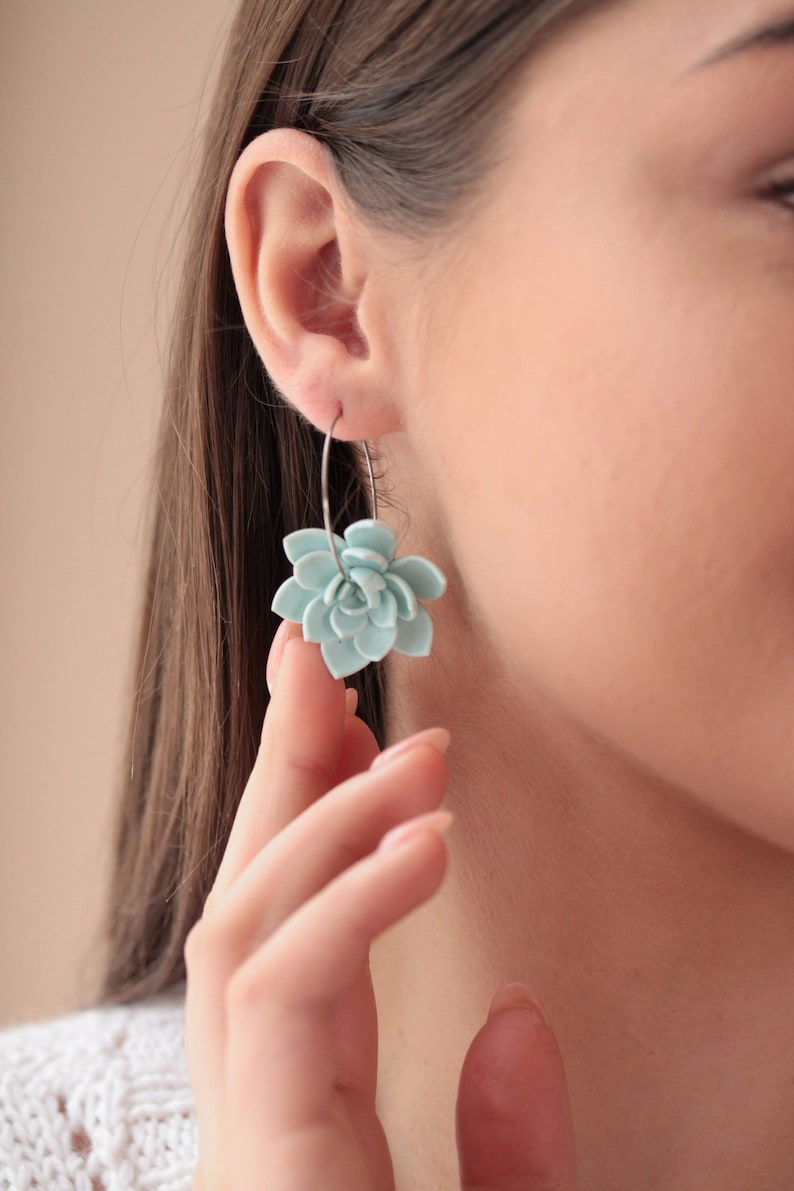 Ready to ship Blue Succulent Flower hoop earrings from polymer clay, 100% handmade image 1