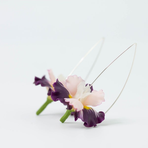 Purple Iris Flower dangle earrings, lightweight and comfortable earrings, made from polymer clay, by EtenIren