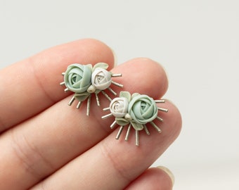 Flowers bouquet stud earrings, pastel blue and gray colors